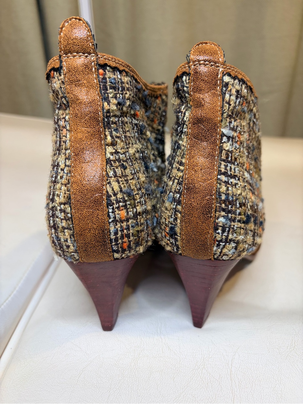 Irregular Choice Brown Suede Tassel Ankle Booties with Tweed Panels - Picture 4 of 12